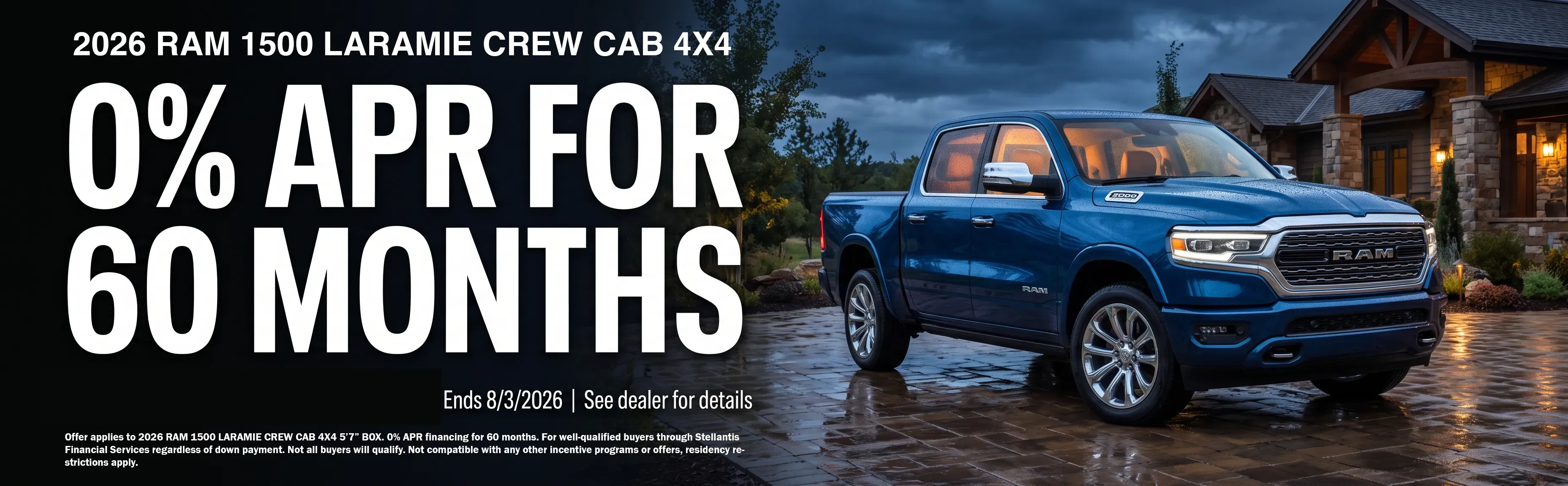 2026 Ram 1500 Laramie Crew Cab with 0 percent annual percentage rate for 60 months at Garavel Chrysler Jeep Dodge Ram